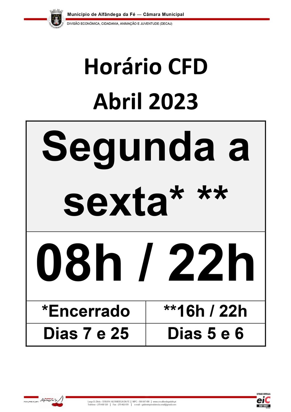 Horário CFD abril 2023